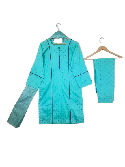 Aqua Blue Stitched 3-Piece Lawn Suit with Serhi Lace Detailing, Decorative Neckline, and Net Dupatta