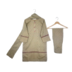Beige Stitched 3-Piece Lawn Shalwar Kameez with Dotted Design, Embellished Neckline, and Net Dupatta