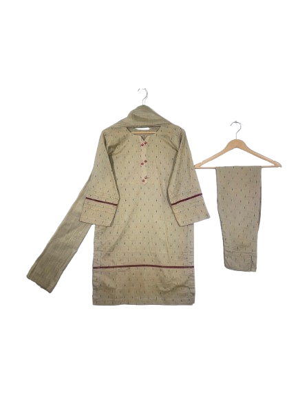 Beige Stitched 3-Piece Lawn Shalwar Kameez with Dotted Design, Embellished Neckline, and Net Dupatta