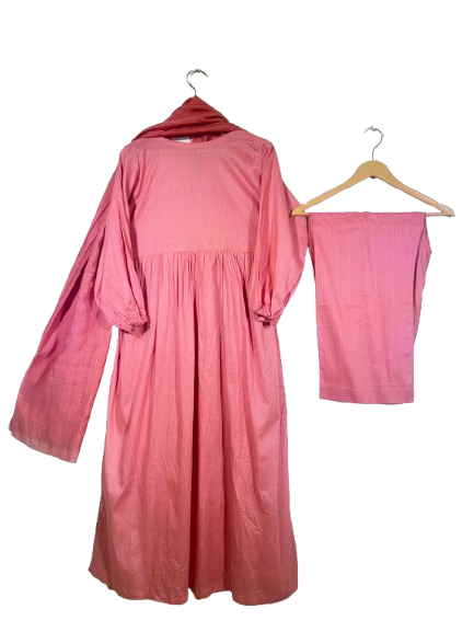 Pink 3-Piece Stitched Lawn Frock Suit with Matching Trouser and Dupatta