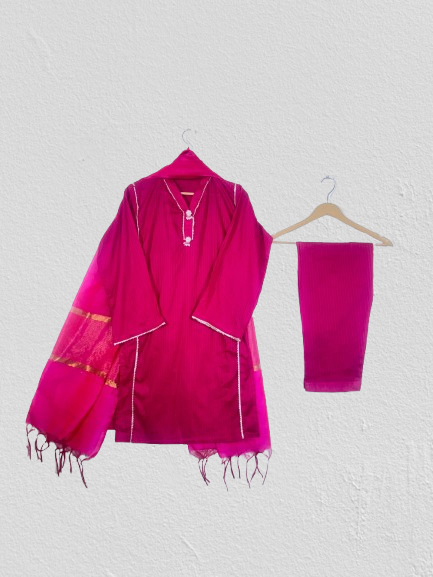 Pink Stitched 3-Piece Lawn Suit with Fancy Lace, Beaded Tassel Neckline, and Net Dupatta