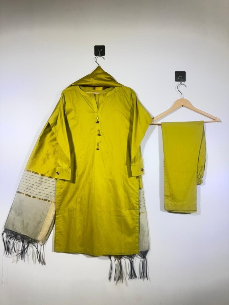 Yellow 3-Piece Unstitched Lawn Suit with Printed Dupatta and Plain Trouser