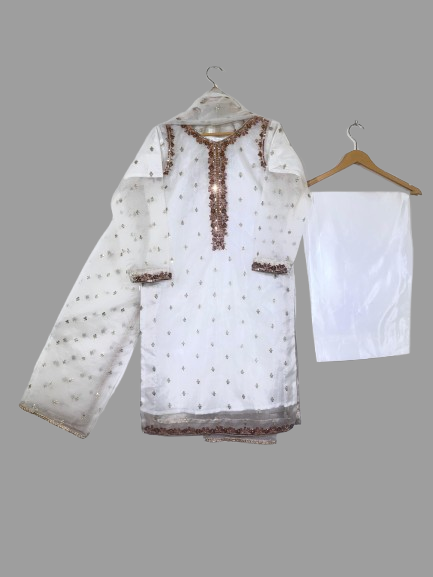 White Fancy Organza 3-Piece Suit with Sitara Embroidery, Handcrafted neckline and hem, and Tilla Cora Work